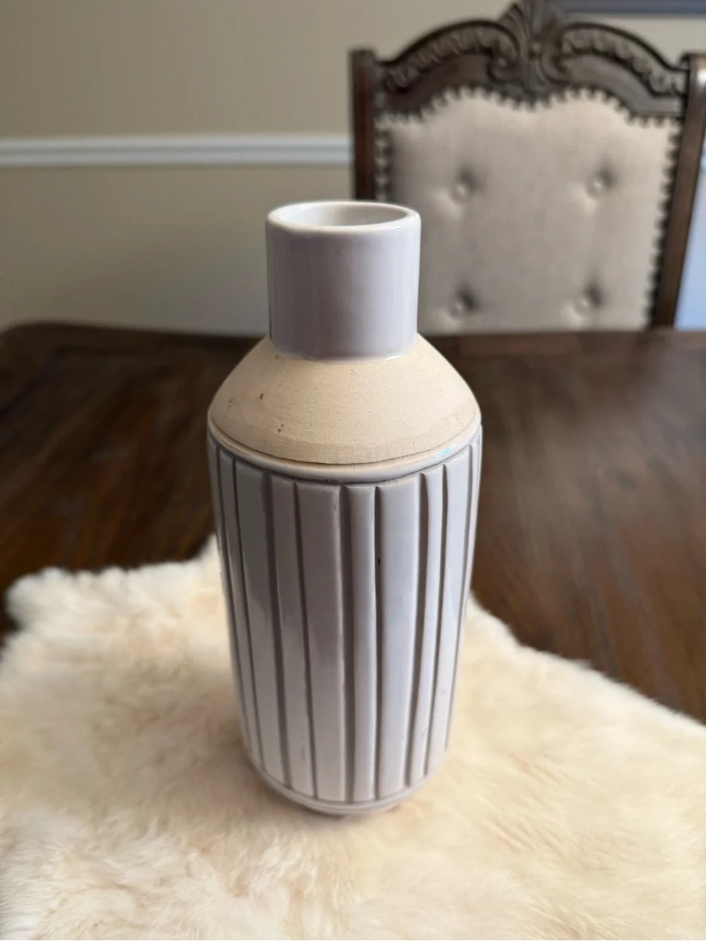 West Elm Art Pottery Vase 9” | Ribbed Ceramic | White/Gray | Home Decor